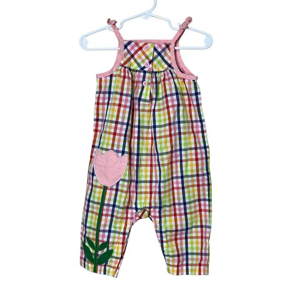 Hanna Andersson Colorful Gingham Jumpsuit With Flower Applique Size 12-18 months - Picture 1 of 8